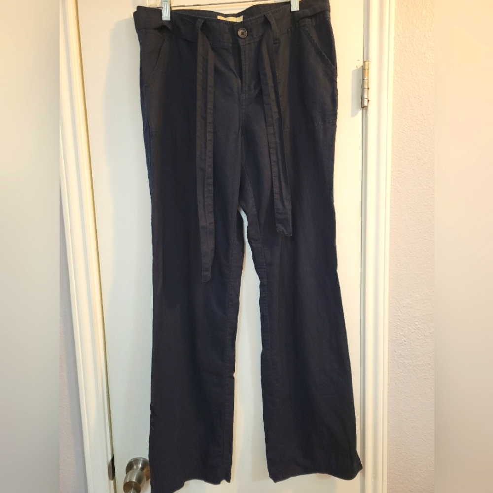 Linen Cotton Blend Pants Tie Waist Navy Sz10